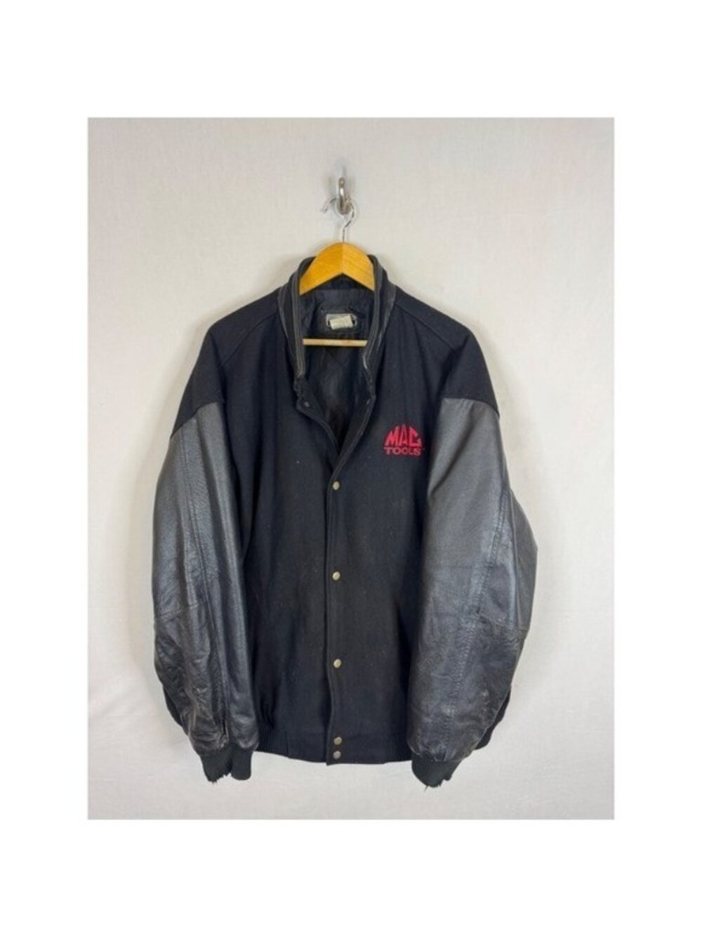 Mac Tools Vintage Mens Black Wool Leather Sleeve Varsity Jacket 2X Embroidered
